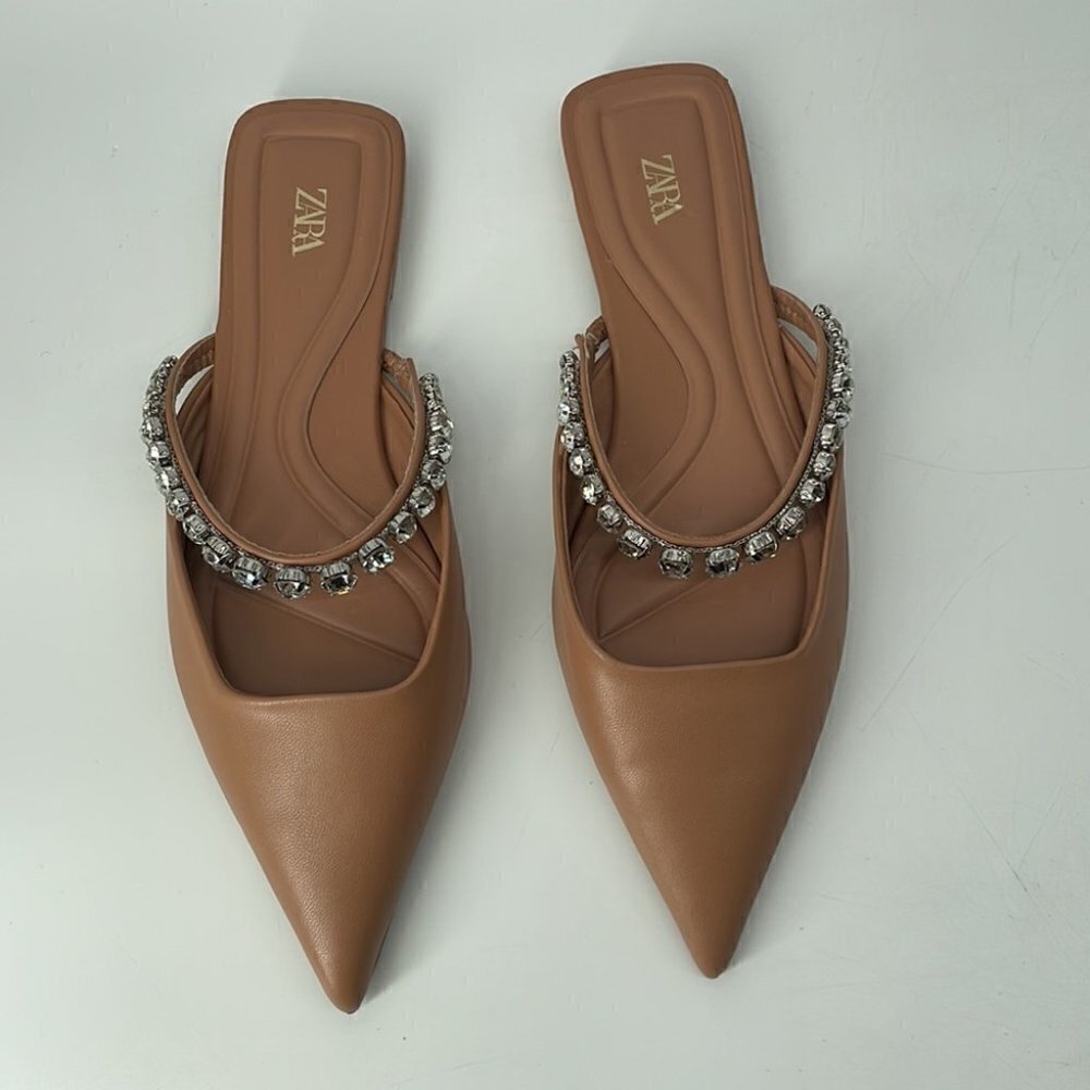 Zara sling back flat point shoes with rhinestones neutral beige brown sz 6 - Picture 4 of 13